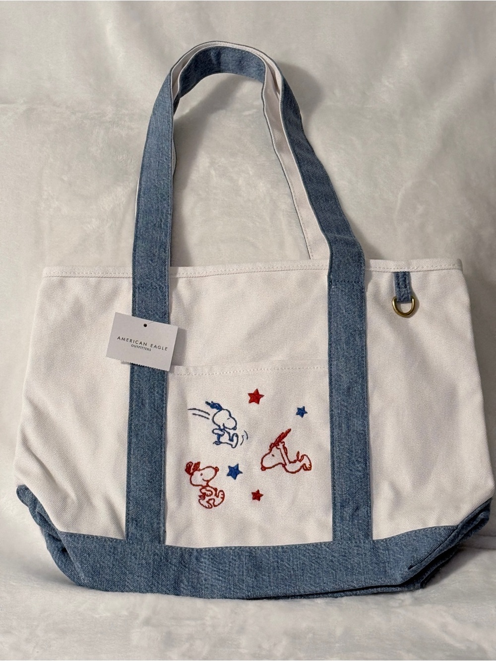 American Eagle Outfitters White & Blue Peanuts SnoopyEmbroidered Canvas Tote Bag